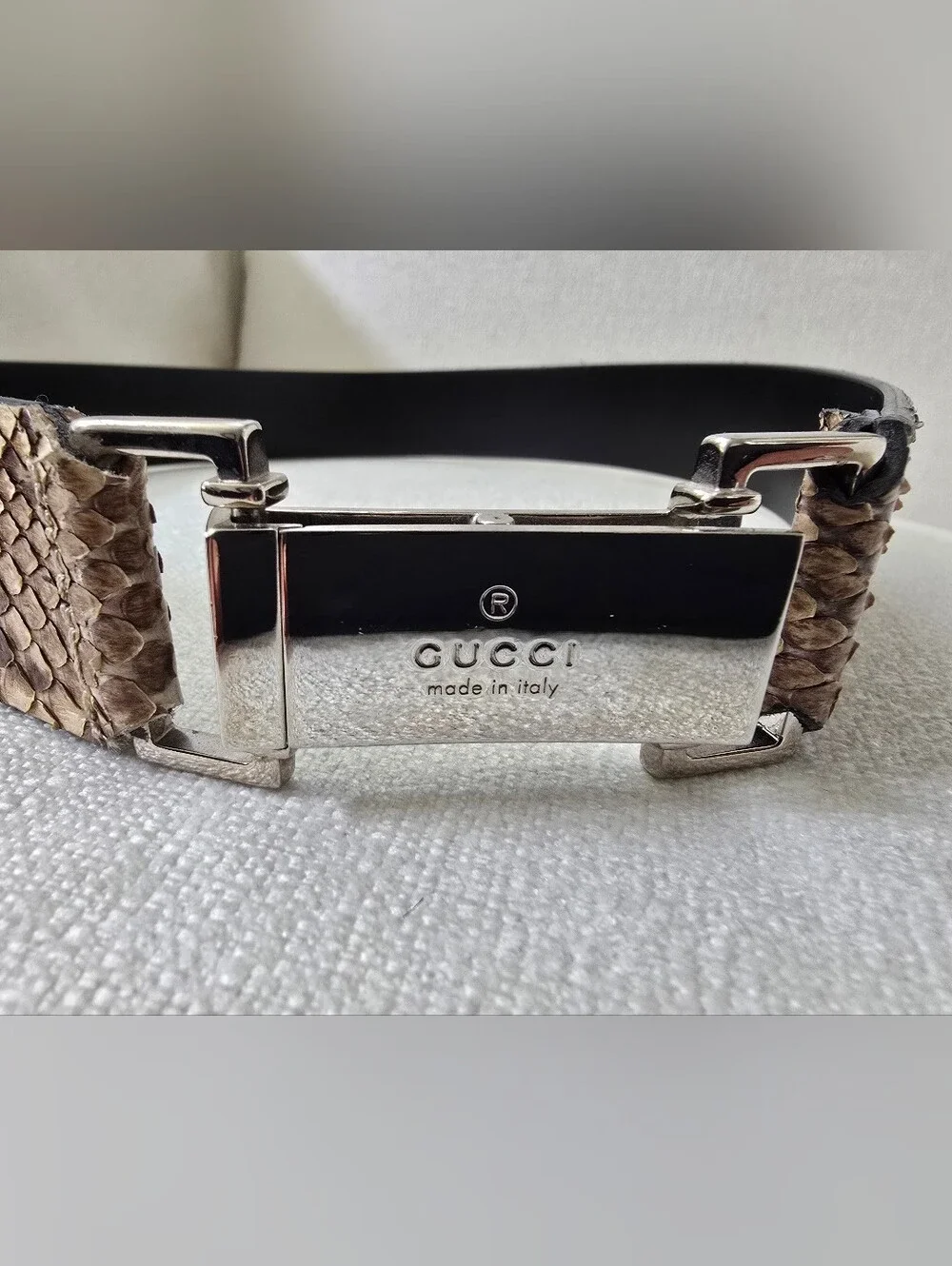 Women's Gucci Python Leather Belt in Tan and Brown with Silver Buckle Sz 28.5